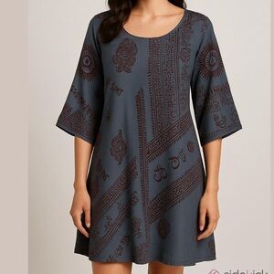 LEOPARDS & ROSES long dress handmade handprinted tribal print 3/4 sleeves sz 2X